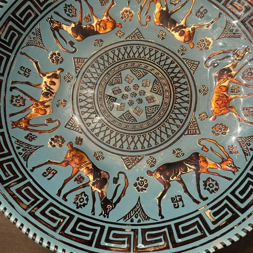 Vintage Turquoise Blue Glass Serving Bowl with Animal Motif by AKCAM Fabrique